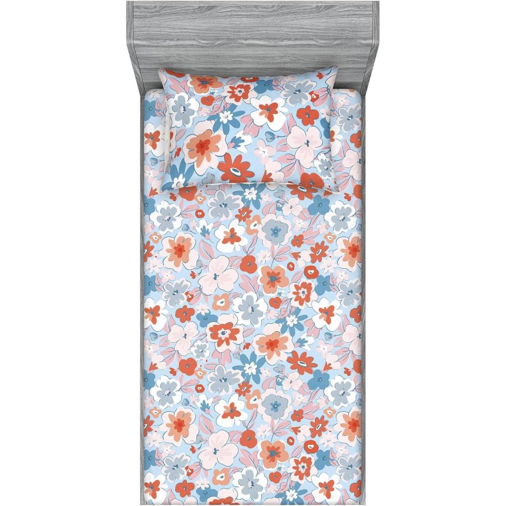 imageAmbesonne Floral Fitted Sheet amp Pillow Sham Set Romantic Concept Art Featuring Rose Flowers Hearts Leaves Valentine Decorative Printed 3 Piece Bedding Decor Set Queen Pastel Pink and Fern GreenCinnamon Soft Blue Blush