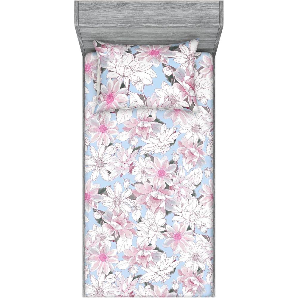 imageAmbesonne Floral Fitted Sheet amp Pillow Sham Set Romantic Concept Art Featuring Rose Flowers Hearts Leaves Valentine Decorative Printed 3 Piece Bedding Decor Set Queen Pastel Pink and Fern GreenOff White Pink Soft Blue