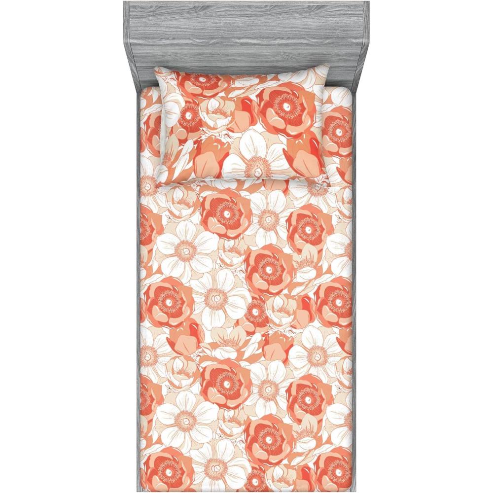 imageAmbesonne Floral Fitted Sheet amp Pillow Sham Set Romantic Concept Art Featuring Rose Flowers Hearts Leaves Valentine Decorative Printed 3 Piece Bedding Decor Set Queen Pastel Pink and Fern GreenWhite Pale Rust and Cinnamon