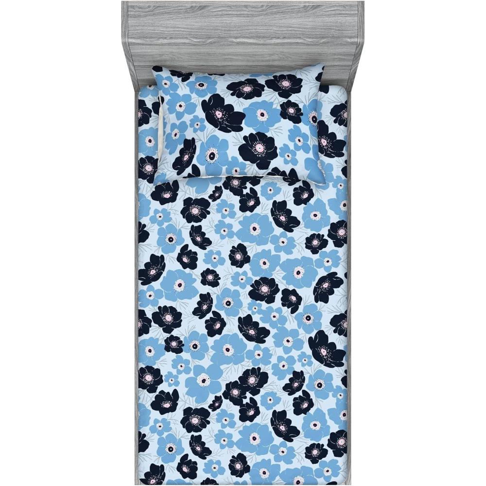 imageAmbesonne Floral Fitted Sheet amp Pillow Sham Set Romantic Concept Art Featuring Rose Flowers Hearts Leaves Valentine Decorative Printed 3 Piece Bedding Decor Set Queen Pastel Pink and Fern GreenSoft Blue Blue and Black