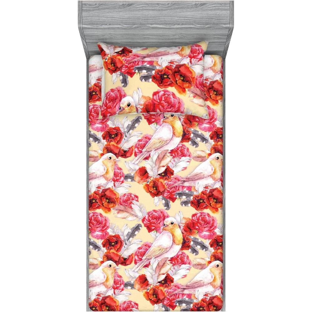 imageAmbesonne Floral Fitted Sheet amp Pillow Sham Set Romantic Concept Art Featuring Rose Flowers Hearts Leaves Valentine Decorative Printed 3 Piece Bedding Decor Set Queen Pastel Pink and Fern GreenDark Coral and Pale Orange