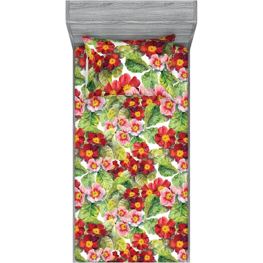 imageAmbesonne Floral Fitted Sheet amp Pillow Sham Set Romantic Concept Art Featuring Rose Flowers Hearts Leaves Valentine Decorative Printed 3 Piece Bedding Decor Set Queen Pastel Pink and Fern GreenDark Salmon and Apple Green