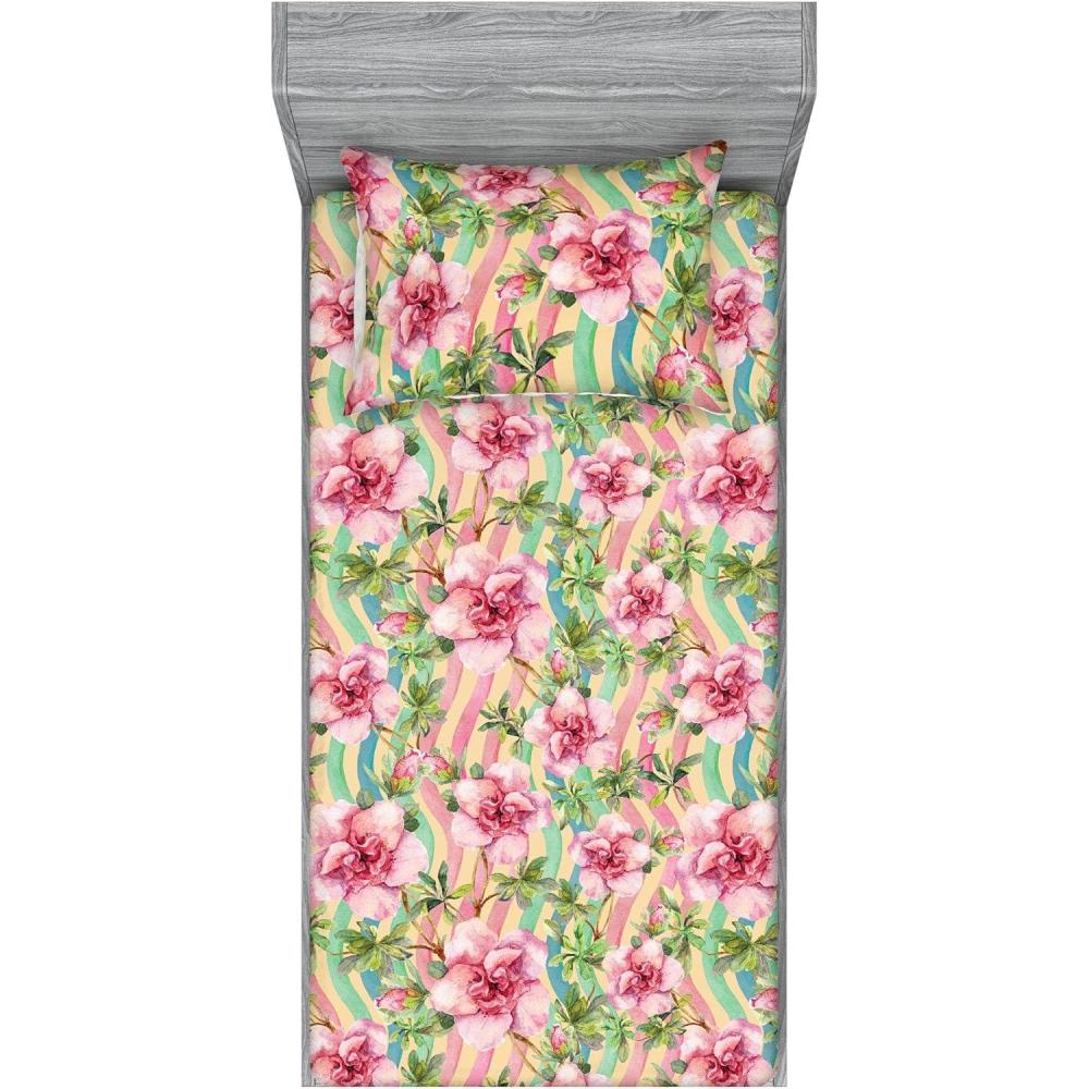 imageAmbesonne Floral Fitted Sheet amp Pillow Sham Set Romantic Concept Art Featuring Rose Flowers Hearts Leaves Valentine Decorative Printed 3 Piece Bedding Decor Set Queen Pastel Pink and Fern GreenPastel Pink and Olive Green
