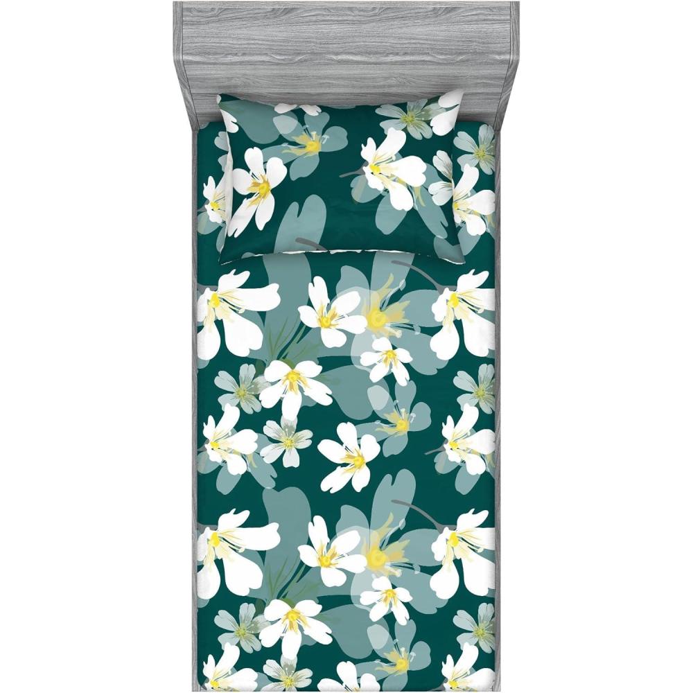 imageAmbesonne Floral Fitted Sheet amp Pillow Sham Set Romantic Concept Art Featuring Rose Flowers Hearts Leaves Valentine Decorative Printed 3 Piece Bedding Decor Set Queen Pastel Pink and Fern GreenWhite Pale Teal Grey Teal