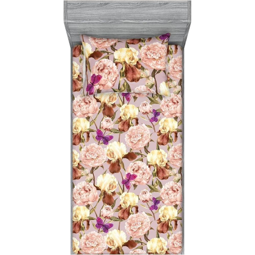 imageAmbesonne Floral Fitted Sheet amp Pillow Sham Set Romantic Concept Art Featuring Rose Flowers Hearts Leaves Valentine Decorative Printed 3 Piece Bedding Decor Set Queen Pastel Pink and Fern GreenPale Fuchsia Sand Brown