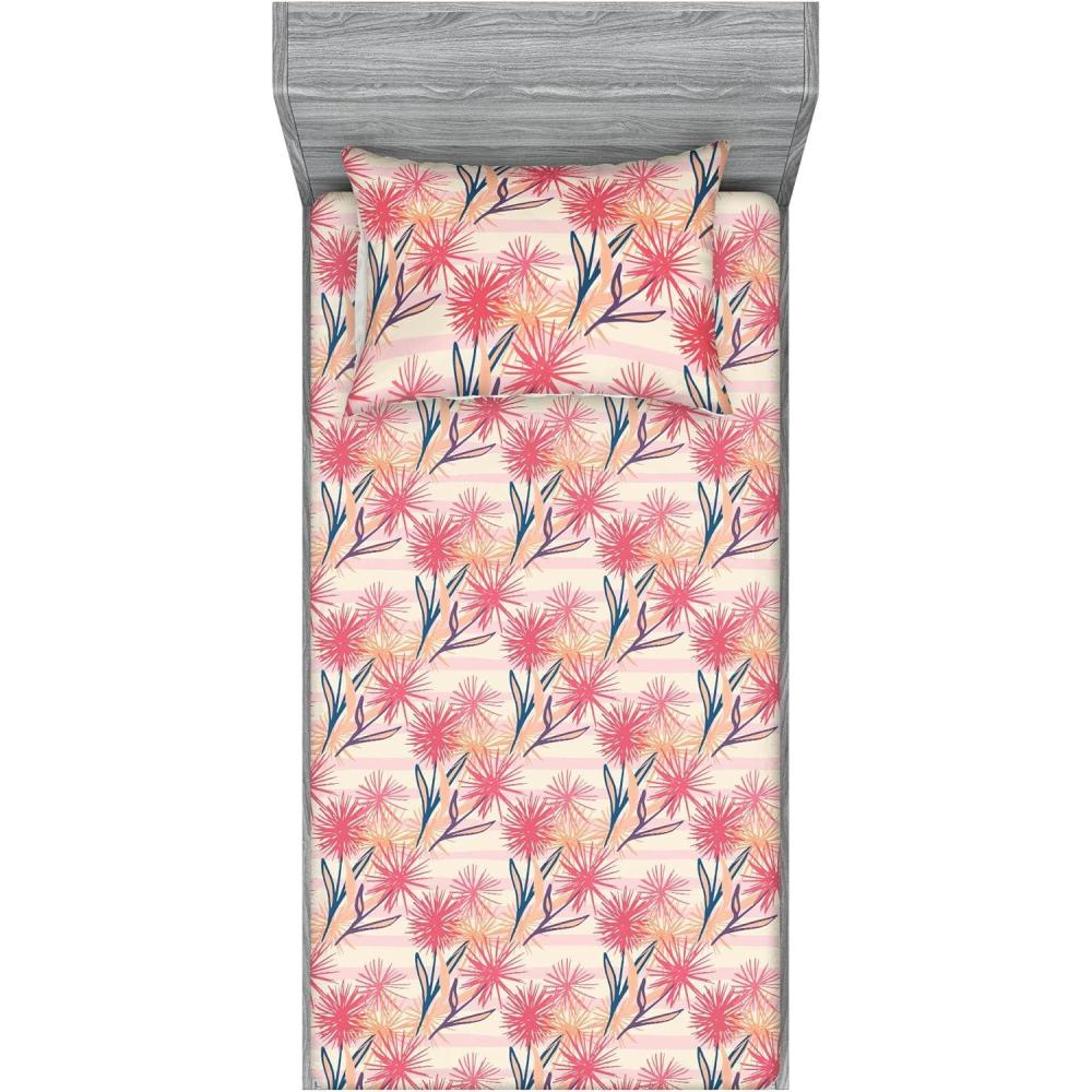 imageAmbesonne Floral Fitted Sheet amp Pillow Sham Set Romantic Concept Art Featuring Rose Flowers Hearts Leaves Valentine Decorative Printed 3 Piece Bedding Decor Set Queen Pastel Pink and Fern GreenCoral Salmon Soft Pink