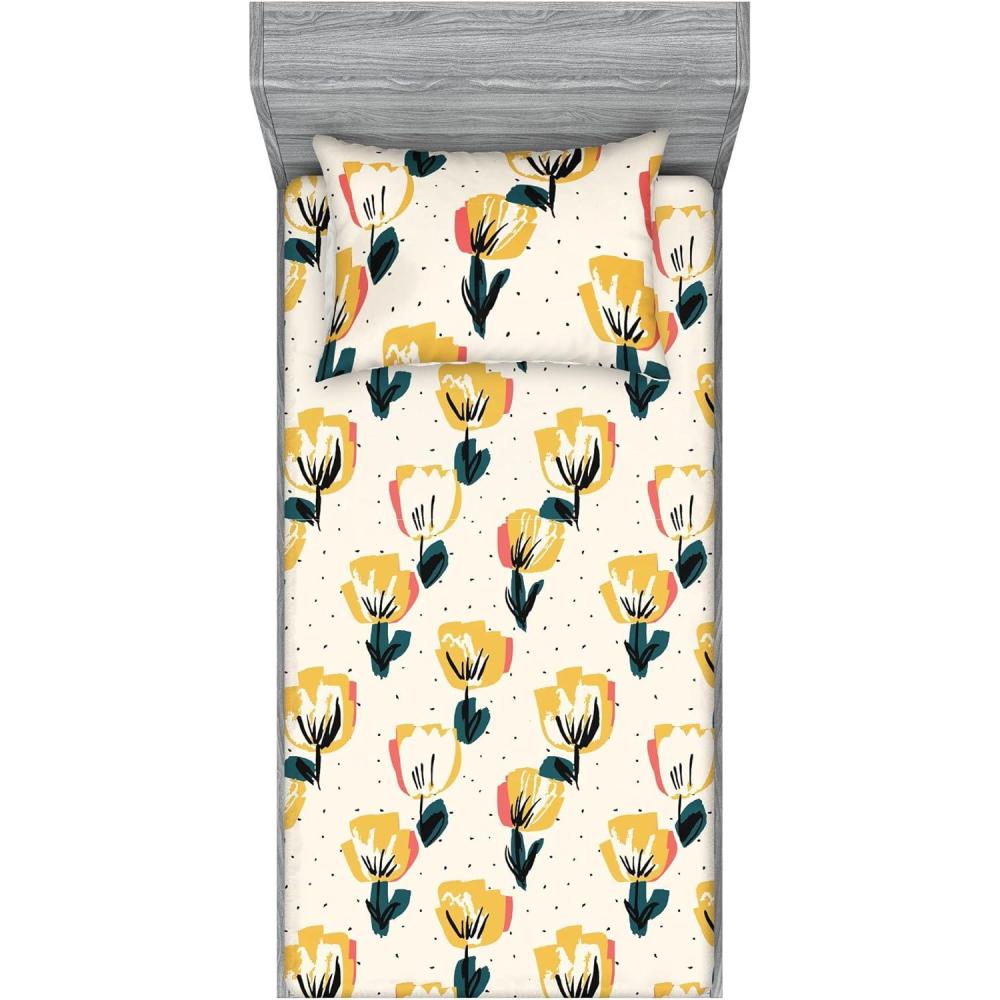 imageAmbesonne Floral Fitted Sheet amp Pillow Sham Set Romantic Concept Art Featuring Rose Flowers Hearts Leaves Valentine Decorative Printed 3 Piece Bedding Decor Set Queen Pastel Pink and Fern GreenDark Green Mustard Beige