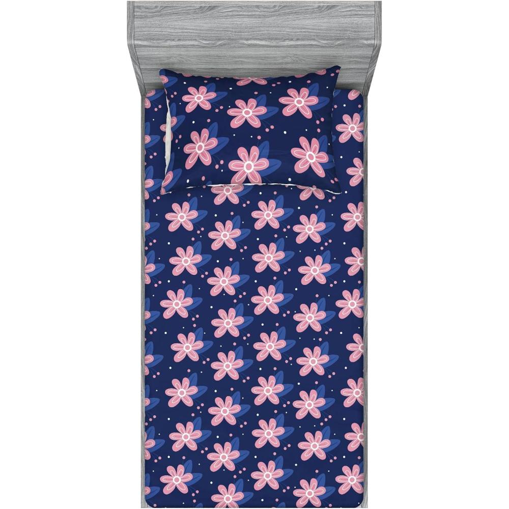 imageAmbesonne Floral Fitted Sheet amp Pillow Sham Set Romantic Concept Art Featuring Rose Flowers Hearts Leaves Valentine Decorative Printed 3 Piece Bedding Decor Set Queen Pastel Pink and Fern GreenRose Night Blue and Dark Blue