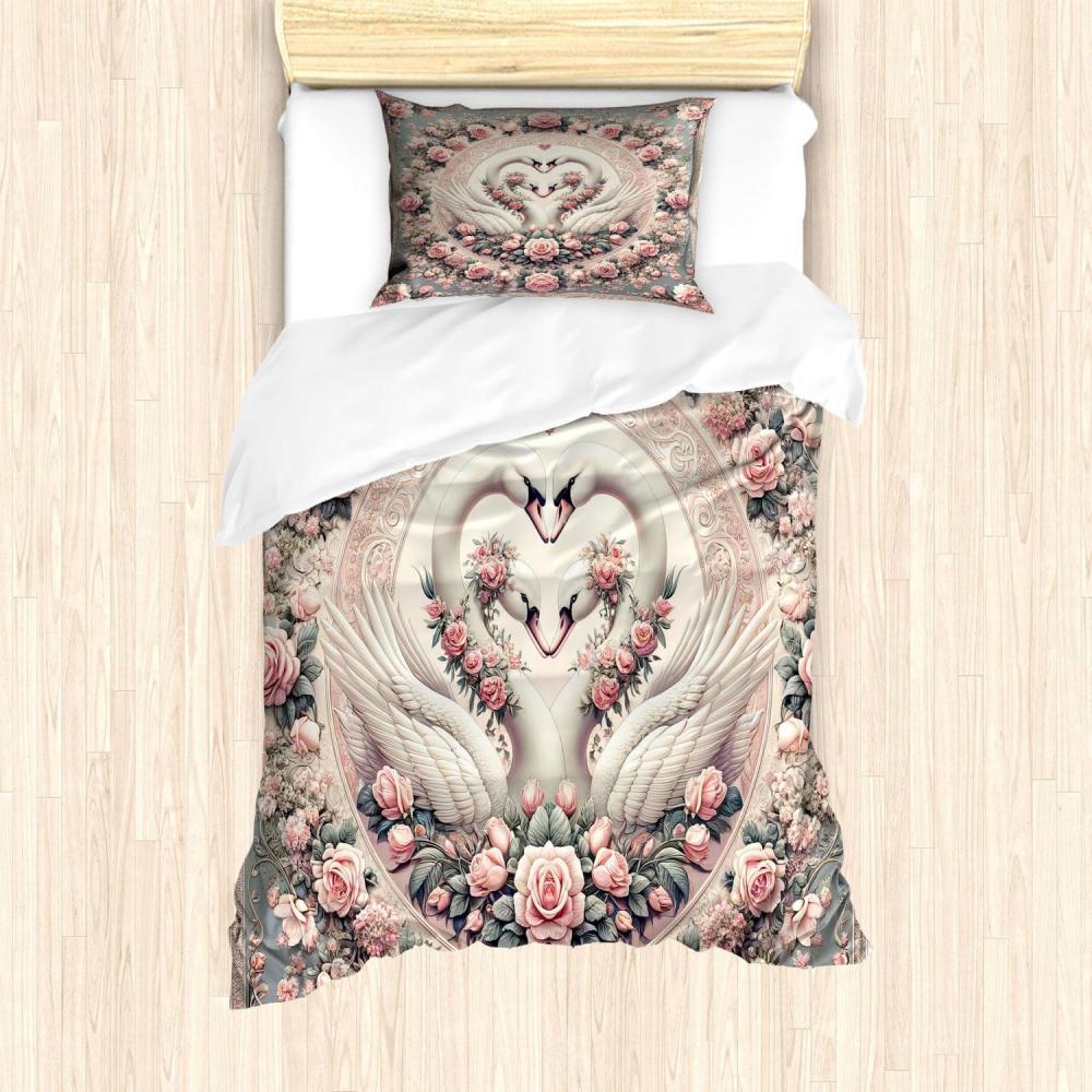 imageAmbesonne Floral Heart Duvet Cover Set Tenderness of Romantic Garden Ivy Branches and Roses Valentines Day Decorative 3 Piece Bedding Set with 2 Pillow Shams Queen Size Laurel Green and PinkPale Pink Pale Cadet Blue
