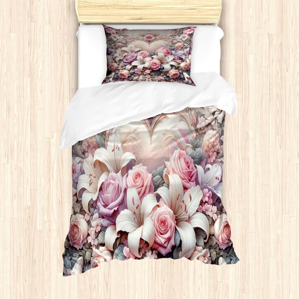 imageAmbesonne Floral Heart Duvet Cover Set Tenderness of Romantic Garden Ivy Branches and Roses Valentines Day Decorative 3 Piece Bedding Set with 2 Pillow Shams Queen Size Laurel Green and PinkPale Pink Peach and Lilac