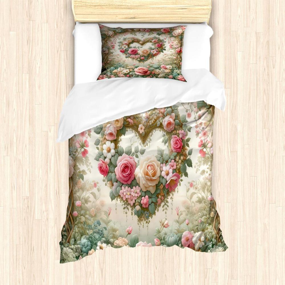 imageAmbesonne Floral Heart Duvet Cover Set Tenderness of Romantic Garden Ivy Branches and Roses Valentines Day Decorative 3 Piece Bedding Set with 2 Pillow Shams Queen Size Laurel Green and PinkLaurel Green and Pink