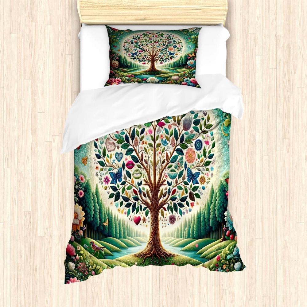 imageAmbesonne Floral Heart Duvet Cover Set Tenderness of Romantic Garden Ivy Branches and Roses Valentines Day Decorative 3 Piece Bedding Set with 2 Pillow Shams Queen Size Laurel Green and PinkGreen Blue and Pink