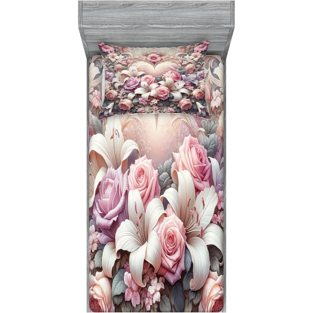 imageAmbesonne Floral Heart Fitted Sheet amp Pillow Sham Set Tenderness of Romantic Garden Ivy Branches and Roses Valentines Day Decorative Printed 3 Piece Bedding Decor Set Calking Laurel Green and PinkPale Pink Peach and Lilac
