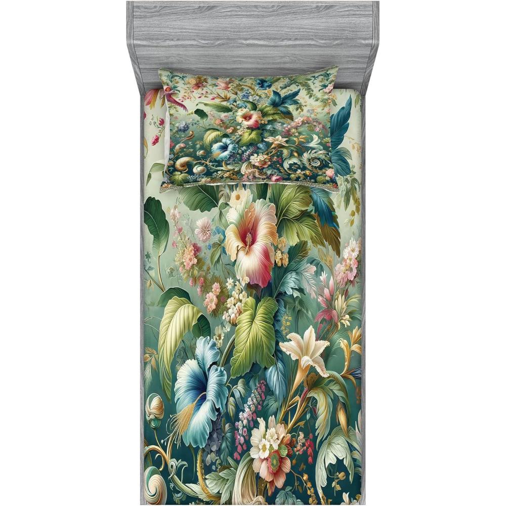 imageAmbesonne Floral Heart Fitted Sheet amp Pillow Sham Set Tenderness of Romantic Garden Ivy Branches and Roses Valentines Day Decorative Printed 3 Piece Bedding Decor Set Calking Laurel Green and PinkGreen Multicolor
