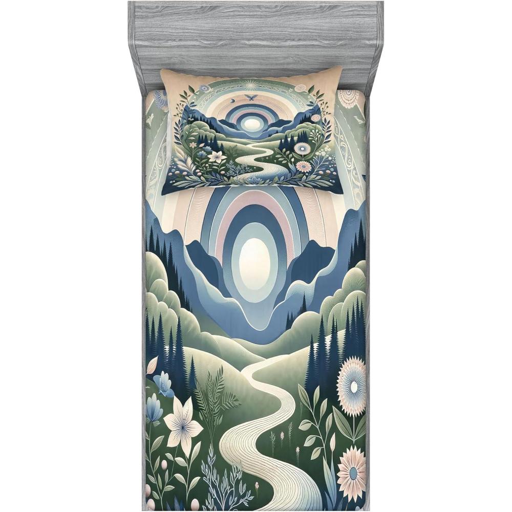 imageAmbesonne Floral Heart Fitted Sheet amp Pillow Sham Set Tenderness of Romantic Garden Ivy Branches and Roses Valentines Day Decorative Printed 3 Piece Bedding Decor Set Calking Laurel Green and PinkSlate Blue Reseda Green
