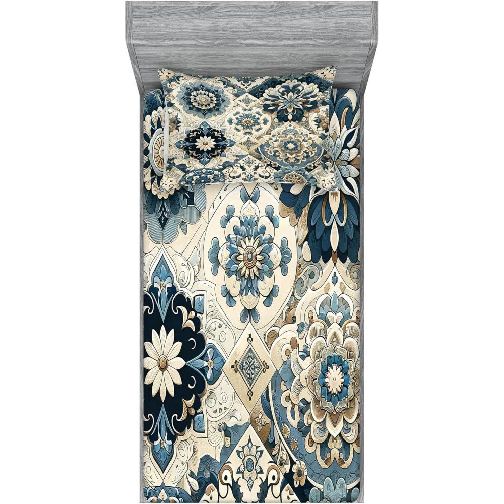 imageAmbesonne Floral Heart Fitted Sheet amp Pillow Sham Set Tenderness of Romantic Garden Ivy Branches and Roses Valentines Day Decorative Printed 3 Piece Bedding Decor Set Calking Laurel Green and PinkOff White Cadet Blue