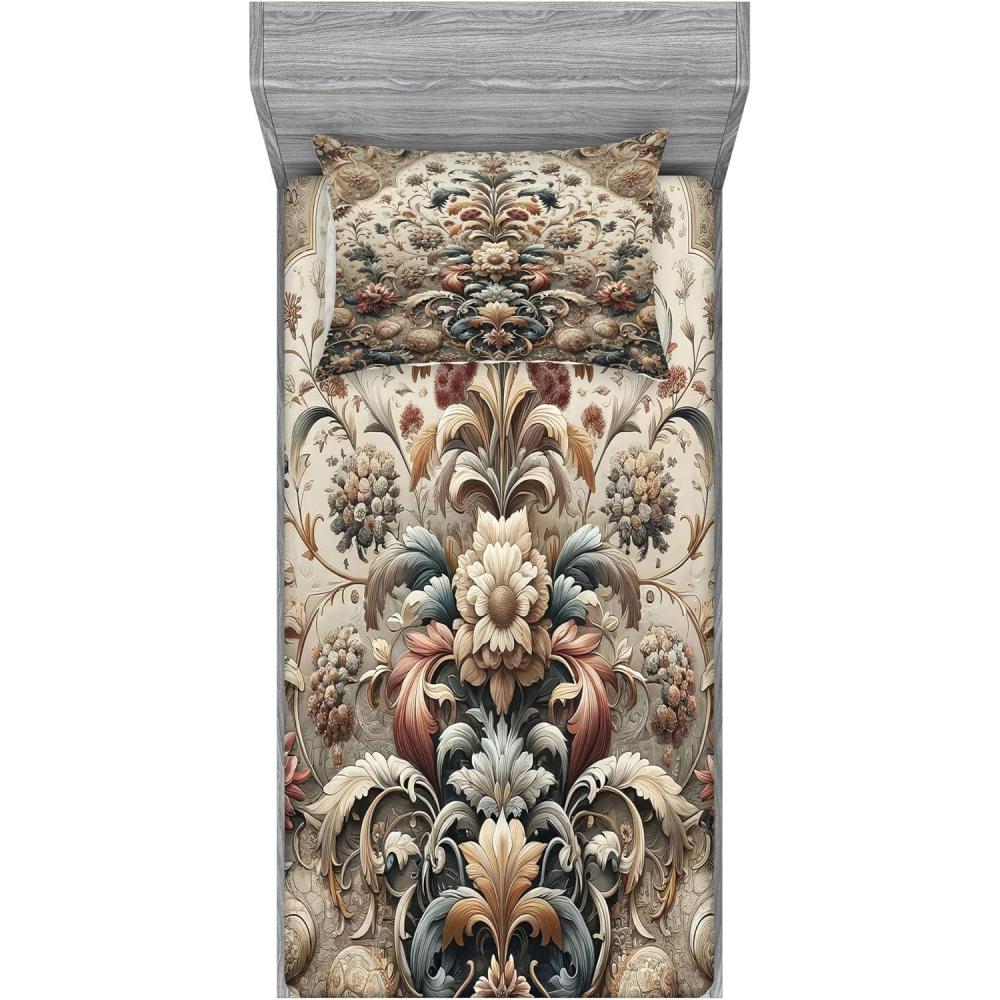 imageAmbesonne Floral Heart Fitted Sheet amp Pillow Sham Set Tenderness of Romantic Garden Ivy Branches and Roses Valentines Day Decorative Printed 3 Piece Bedding Decor Set Calking Laurel Green and PinkTan Dark Blue and Pale Ruby