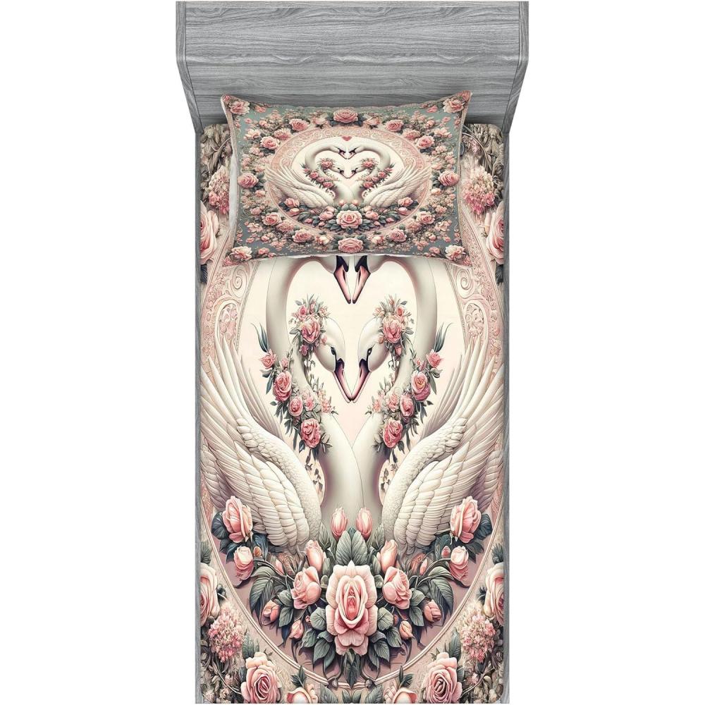 imageAmbesonne Floral Heart Fitted Sheet amp Pillow Sham Set Tenderness of Romantic Garden Ivy Branches and Roses Valentines Day Decorative Printed 3 Piece Bedding Decor Set Calking Laurel Green and PinkPale Pink Pale Cadet Blue