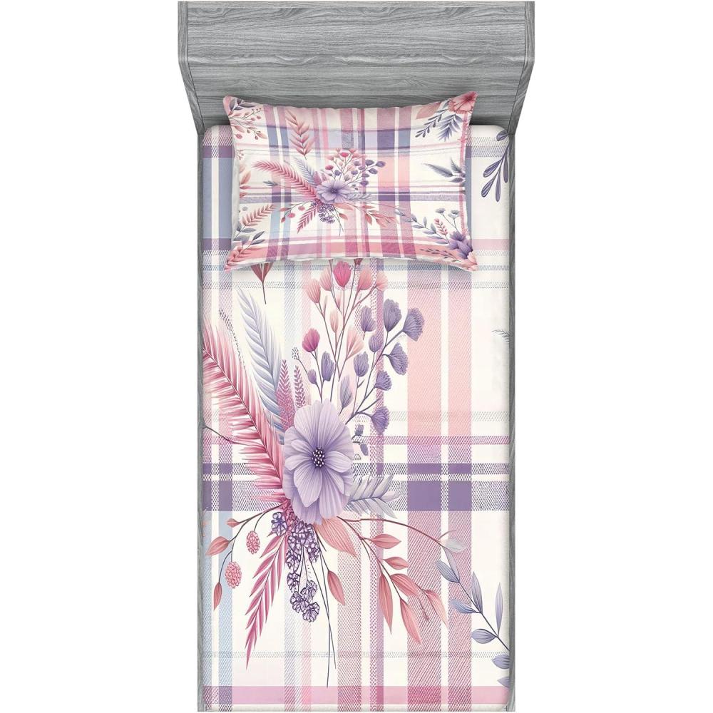imageAmbesonne Floral Heart Fitted Sheet amp Pillow Sham Set Tenderness of Romantic Garden Ivy Branches and Roses Valentines Day Decorative Printed 3 Piece Bedding Decor Set Calking Laurel Green and PinkLilac and Pale Pink