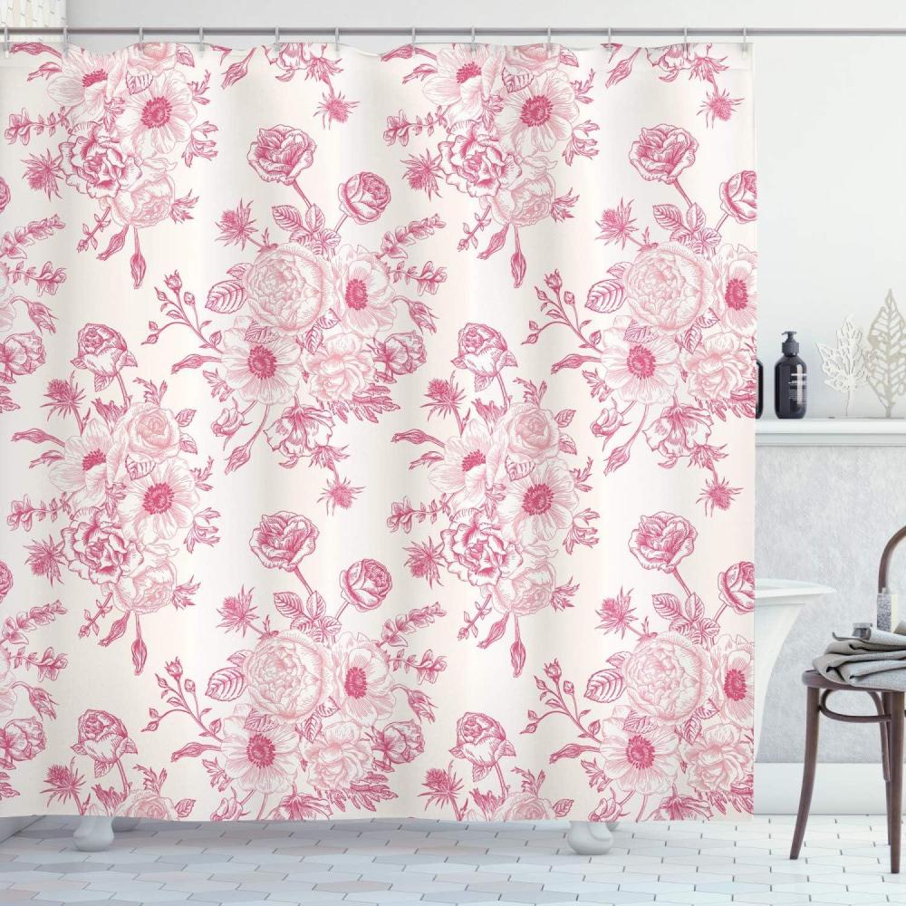 imageAmbesonne Floral Shower Curtain Romantic Rose Flower Bouquet Blooms in Soft Pastel Tones Botanical Rococo English Garden Concept Art Cloth Fabric Bathroom Decor Set with Hooks 69 W x 84 L Pink