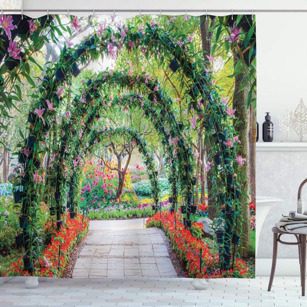 imageAmbesonne Garden Shower Curtain Flower Arches Pathway in Ornamental Plants Greenery Romantic Picture Cloth Fabric Bathroom Decor Set with Hooks 69 W x 75 L Green Red