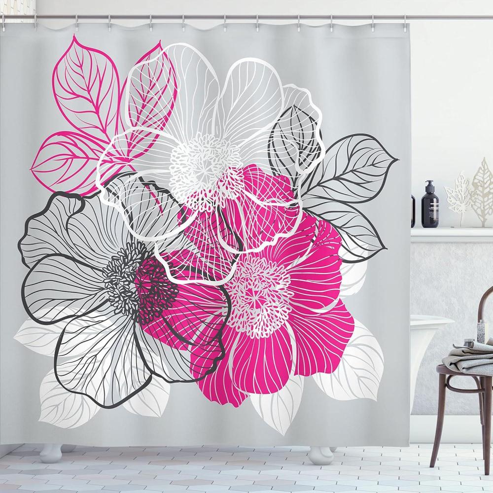 imageAmbesonne Grey Shower Curtain Abstract Blossoming Peonies Romantic Spring Bridal Bouquet Feminine Corsage Cloth Fabric Bathroom Decor Set with Hooks 69 W x 75 L Grey Magenta White