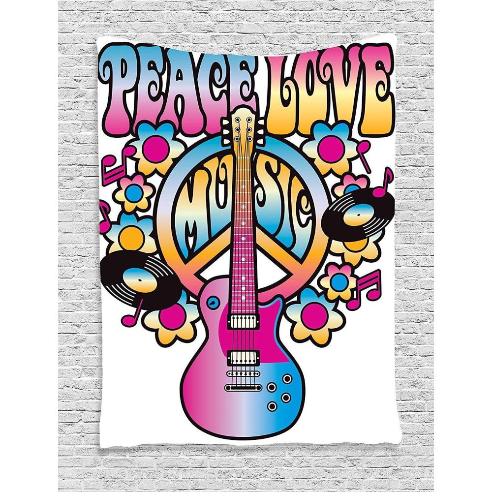 imageAmbesonne Groovy Tapestry Peace Love Music Text Guitar Records Flowers Musical Notes Illustration Wall Hanging for Bedroom Living Room Dorm Decor 60 X 80 Blue Pink Yellow