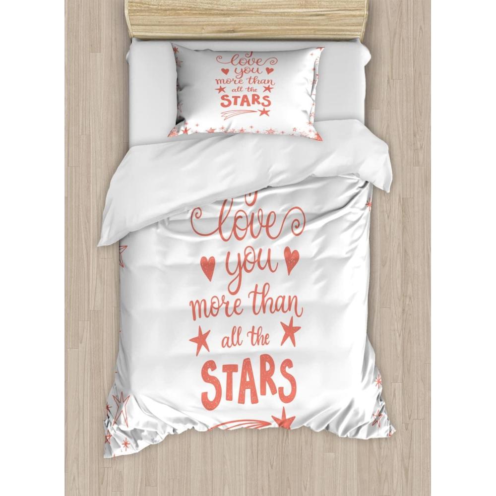 imageAmbesonne I Love You More Duvet Cover Sets Words of Infatuation Surrounded by Stars Scribble Art for Valentines Bedding Set with 2 Duvet Covers 4 Pillowcases 2 Pack Cal King Size Vermilion White