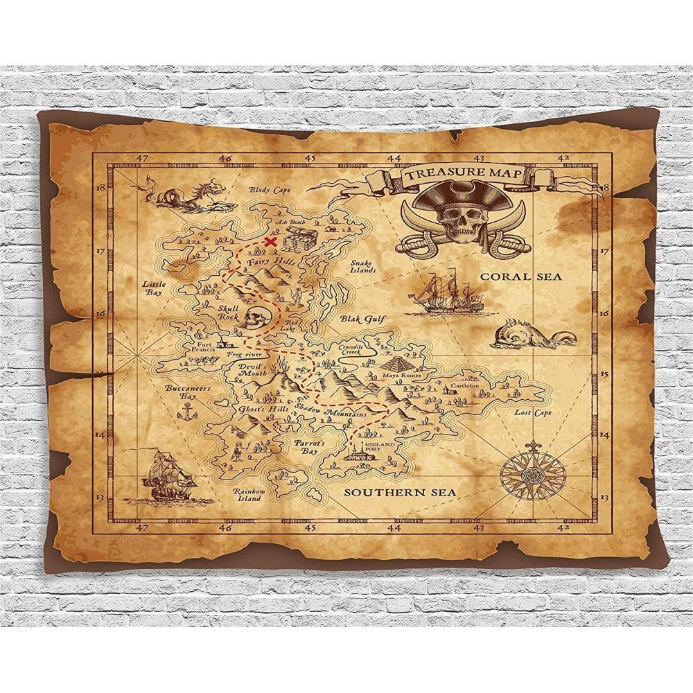 imageAmbesonne Island Map Tapestry Super Detailed Treasure Map Grungy Rustic Pirates Gold Secret Sea History Theme Wide Wall Hanging for Bedroom Living Room Dorm 80 X 60 Beige Brown