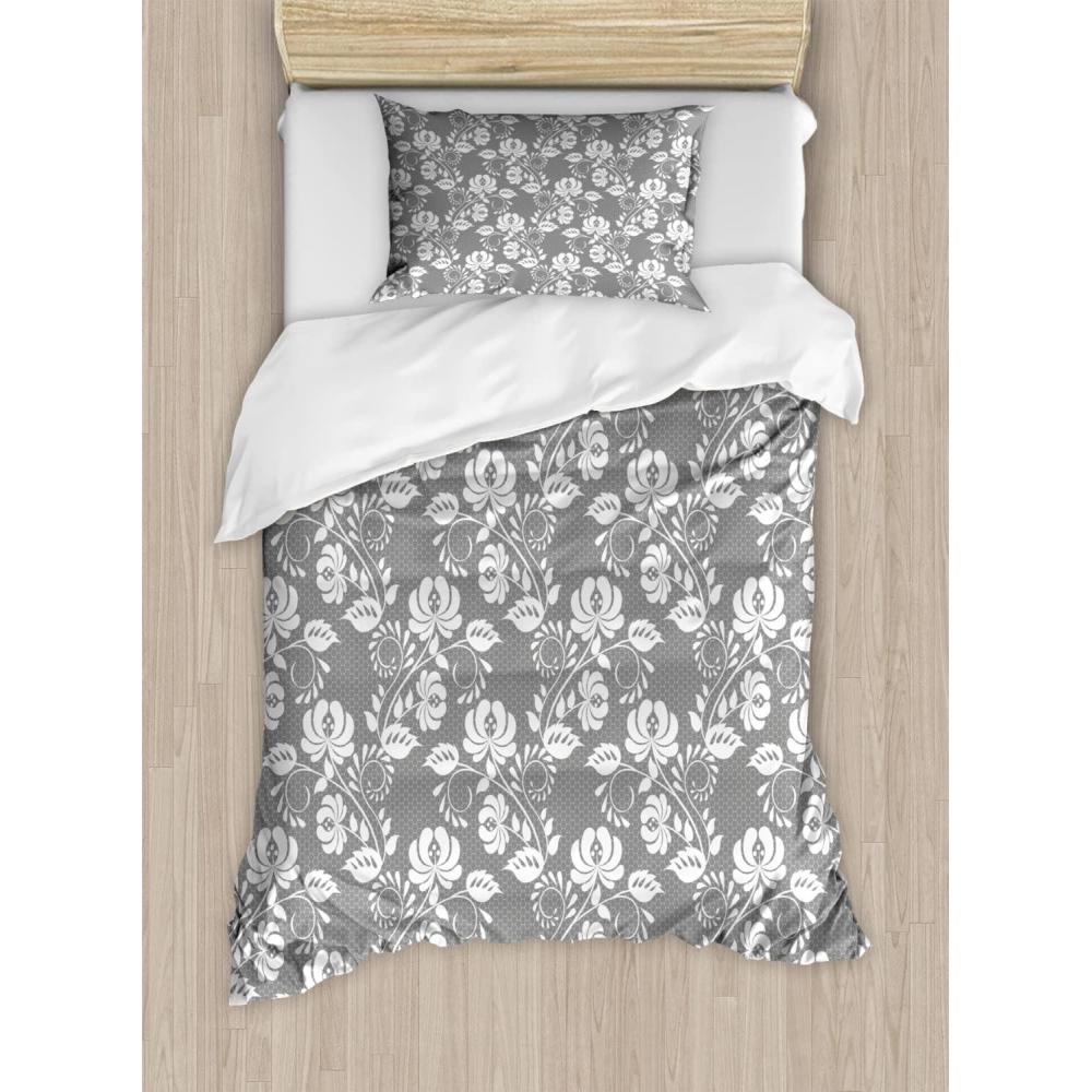 imageAmbesonne Kiss Duvet Cover Set Girl Black Silhouette Blowing Red Hearts Romance Love Valentines Day Theme Decorative 3 Piece Bedding Set with 2 Pillow Shams Queen Size Black White RedGrey and White