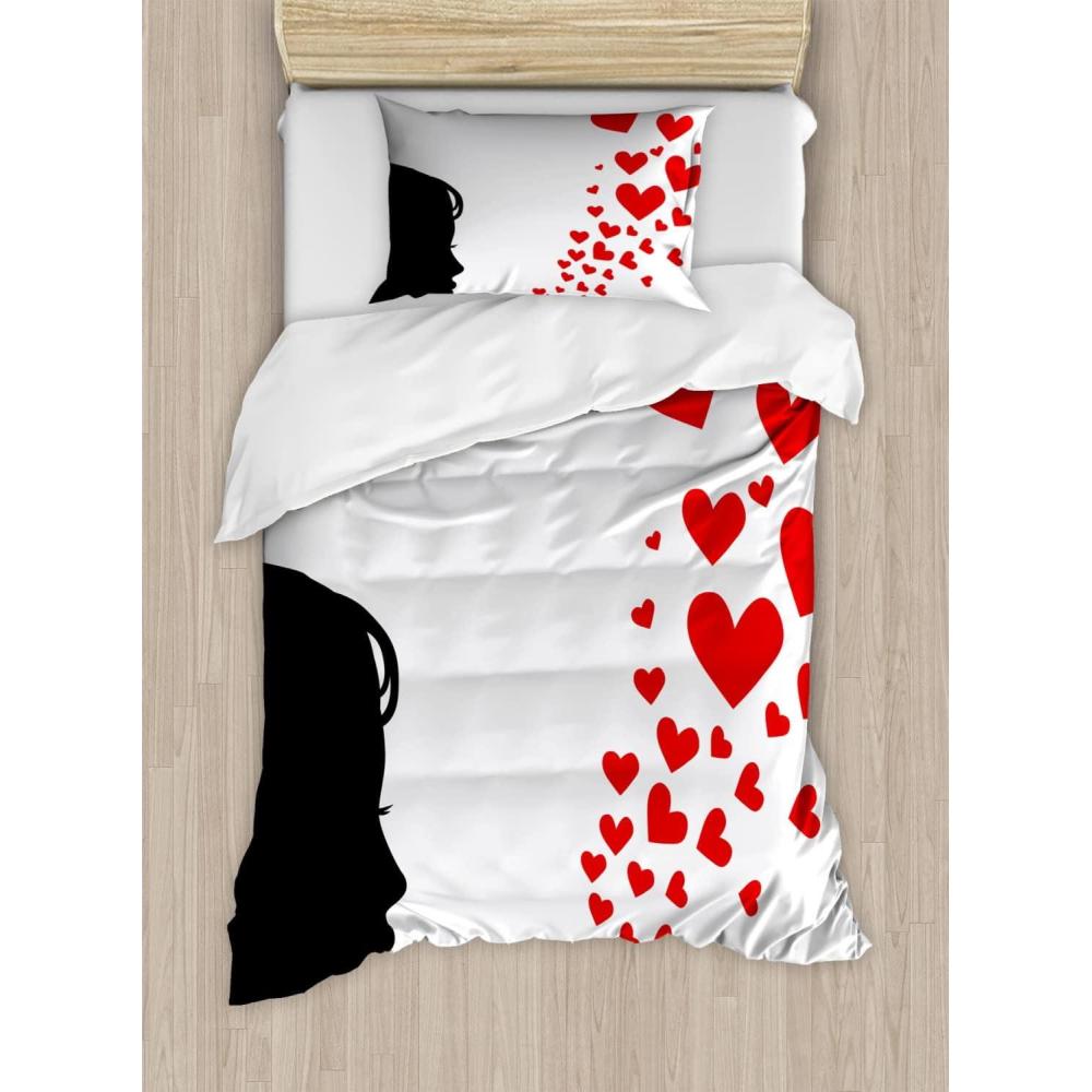 imageAmbesonne Kiss Duvet Cover Set Girl Black Silhouette Blowing Red Hearts Romance Love Valentines Day Theme Decorative 3 Piece Bedding Set with 2 Pillow Shams Queen Size Black White RedBlack White Red