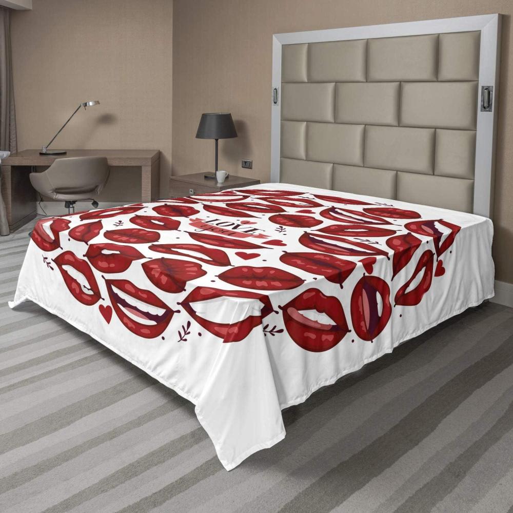 imageAmbesonne Kissing Flat Sheet Valentine Themed Multitude Smiling Sending Kisses Reddish Lips in Circular Form Soft Comfortable Top Sheet Decorative Bedding 1 Piece California King Ruby and WhiteQueen