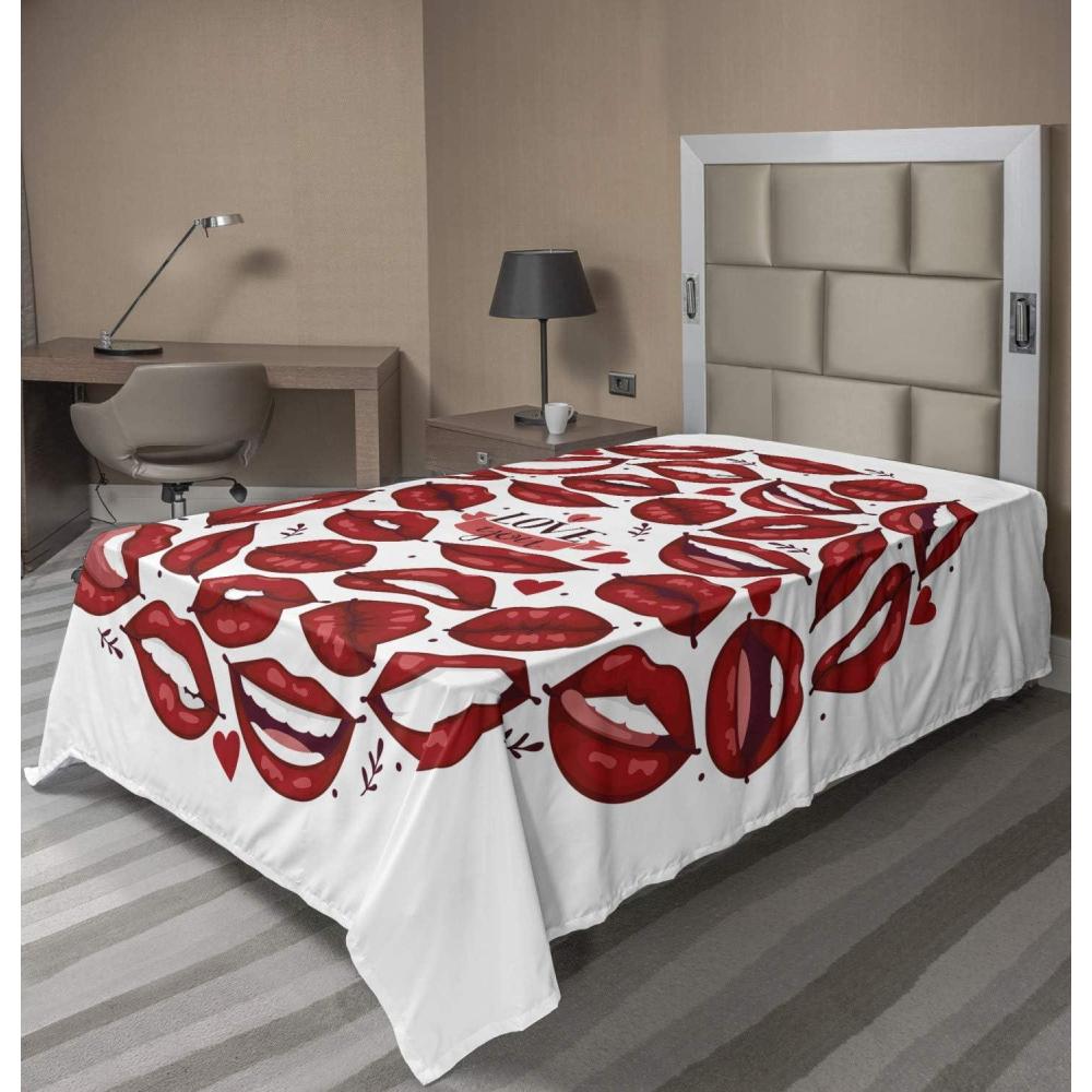 imageAmbesonne Kissing Flat Sheet Valentine Themed Multitude Smiling Sending Kisses Reddish Lips in Circular Form Soft Comfortable Top Sheet Decorative Bedding 1 Piece California King Ruby and WhiteTwin
