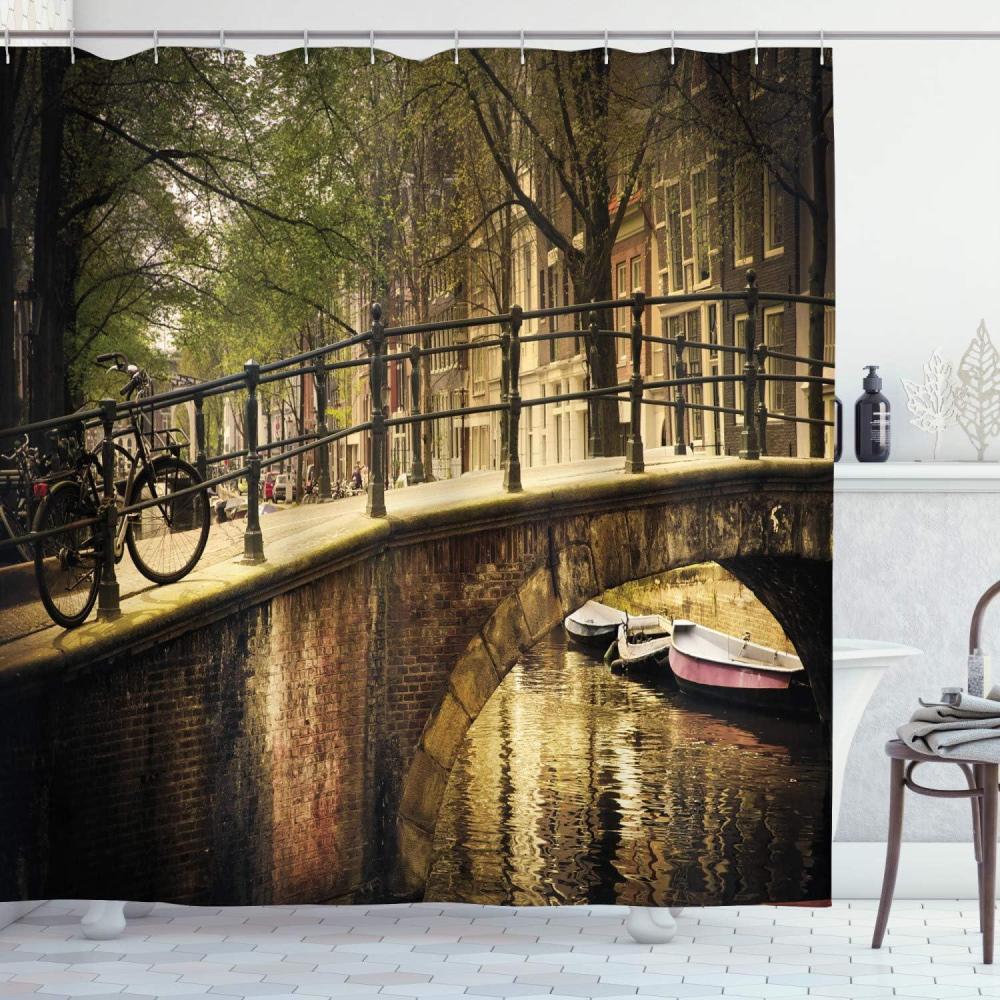 imageAmbesonne Landscape Shower Curtain Romantic Bridge Over Canal Amsterdam Netherlands European Famous Northern City Photo Cloth Fabric Bathroom Decor Set with Hooks 69 W x 70 L Cream