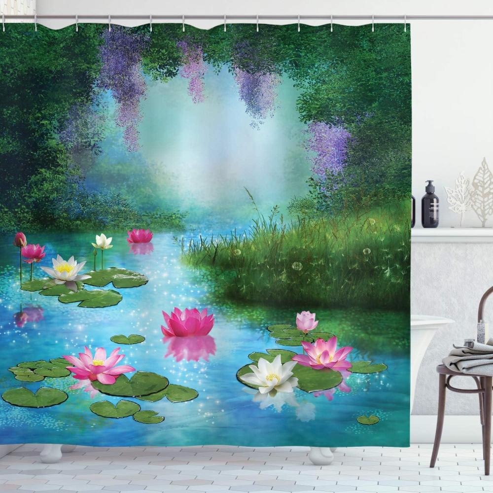 imageAmbesonne Nature Shower Curtain Fantasy Pond Water Lilies Floating Romantic Lotus Digital Art Cloth Fabric Bathroom Decor Set with Hooks 69 W x 70 L Aqua Pink Green