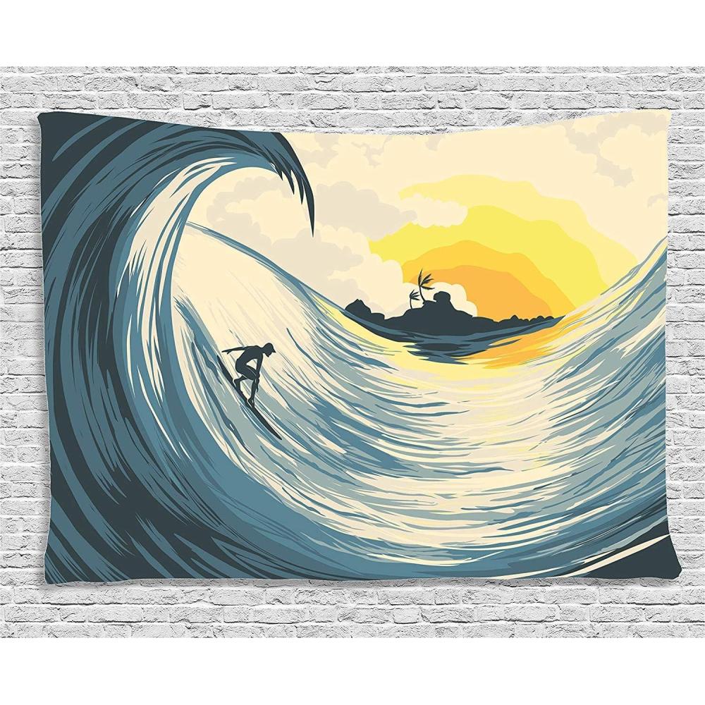 imageAmbesonne Ocean Tapestry Illustration of Cloudy Sky Tropical Island Wave and Surfer at Sunset Seascape Wide Wall Hanging for Bedroom Living Room Dorm 80 X 60 Beige Yellow Navy