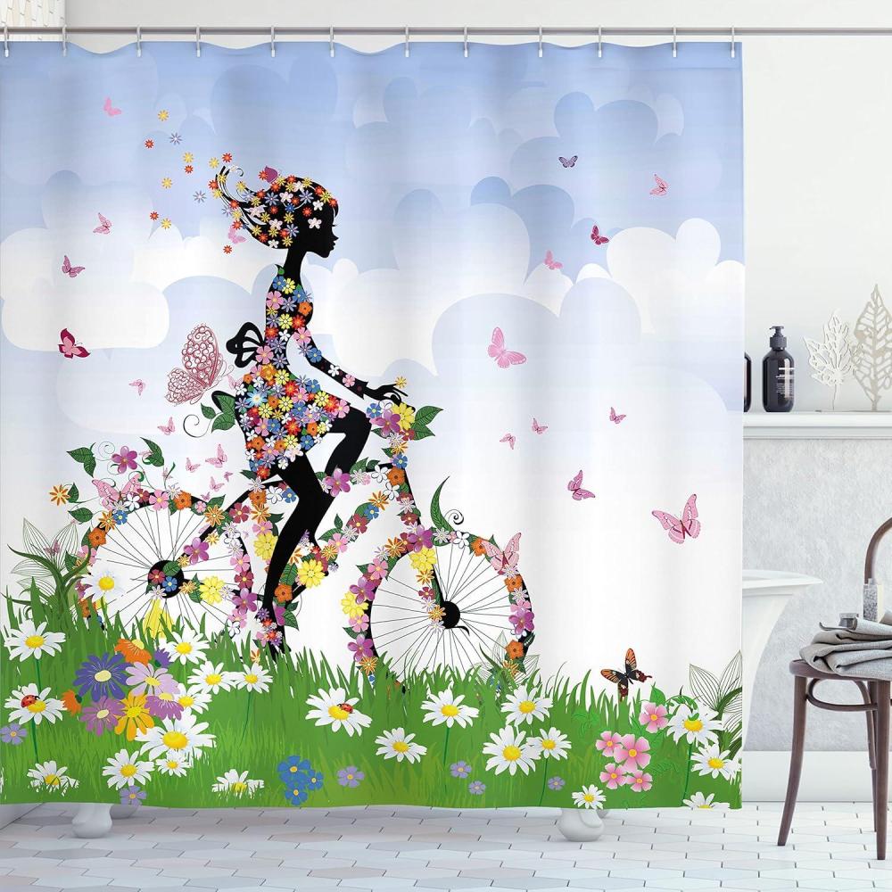 imageAmbesonne Outdoor Shower Curtain Woman Riding Vintage Romantic Bike with Spring Time Flowers in Basket Nature Image Cloth Fabric Bathroom Decor Set with Hooks 69 W x 70 L Multicolor Jade Green