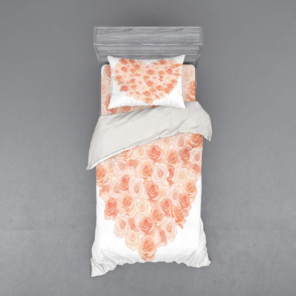 imageAmbesonne Peach Bedding Set Valentines Day Inspired Heart Shaped Blooming Roses Bouquet with Romantic Design 3 Piece Duvet Cover Set with Sham and Fitted Sheet Twin Size Salmon PeachSalmon Peach