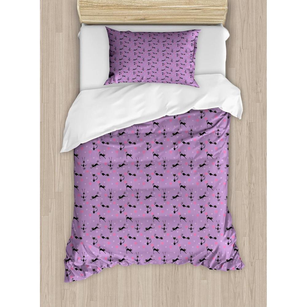 imageAmbesonne Purple Duvet Cover Set Unlucky Black Cat with Heart Filled Backdrop Valentines Day Animal Fun Decorative 3 Piece Bedding Set with 2 Pillow Shams Queen Size Lavender Pink BlackLavender Pink Black