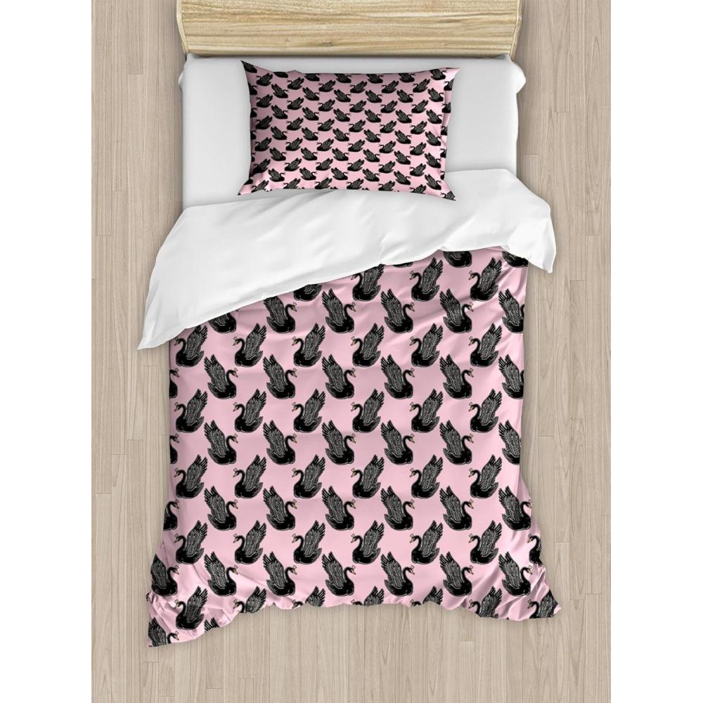 imageAmbesonne Purple Duvet Cover Set Unlucky Black Cat with Heart Filled Backdrop Valentines Day Animal Fun Decorative 3 Piece Bedding Set with 2 Pillow Shams Queen Size Lavender Pink BlackPale Pink Black