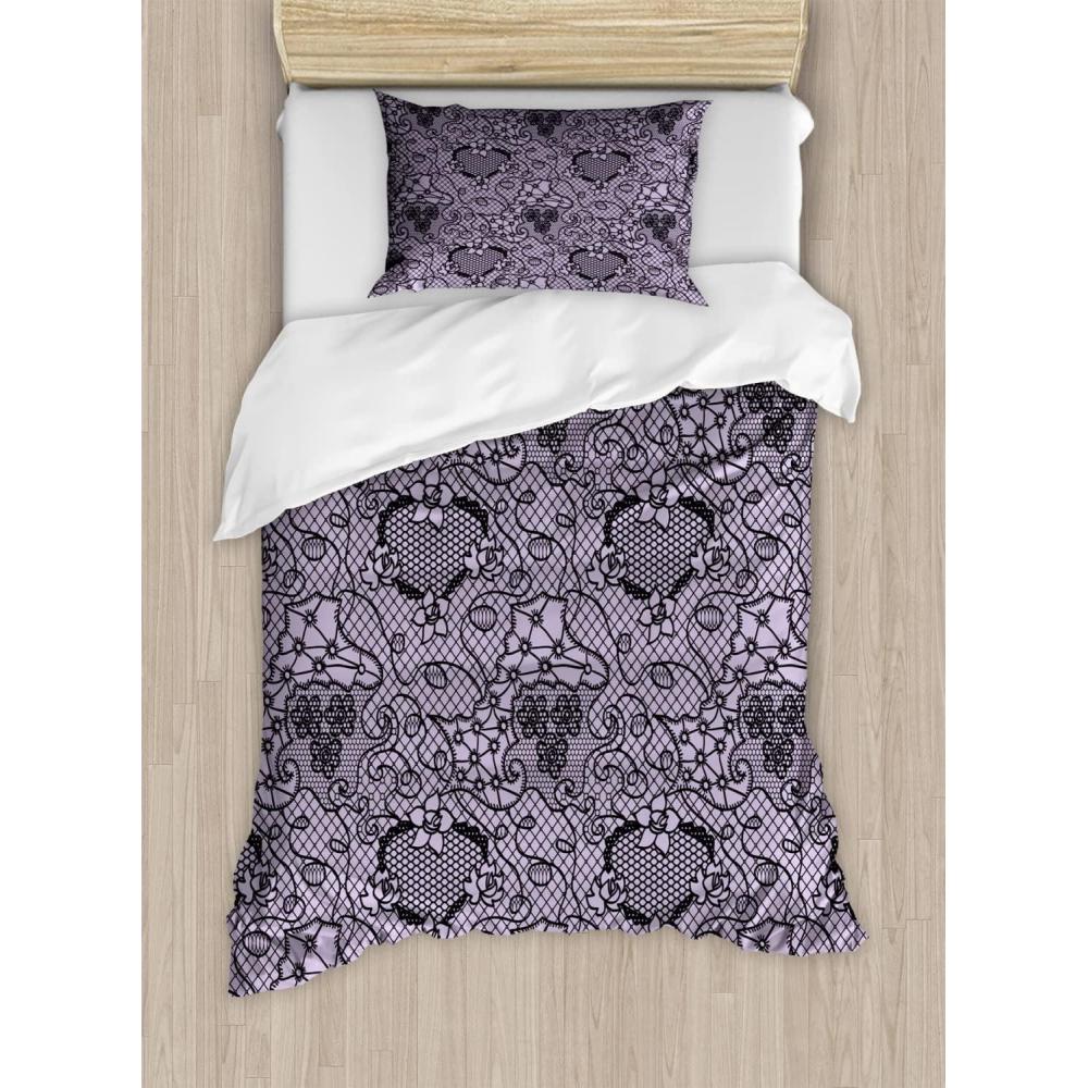 imageAmbesonne Purple Duvet Cover Set Unlucky Black Cat with Heart Filled Backdrop Valentines Day Animal Fun Decorative 3 Piece Bedding Set with 2 Pillow Shams Queen Size Lavender Pink BlackLilac Black