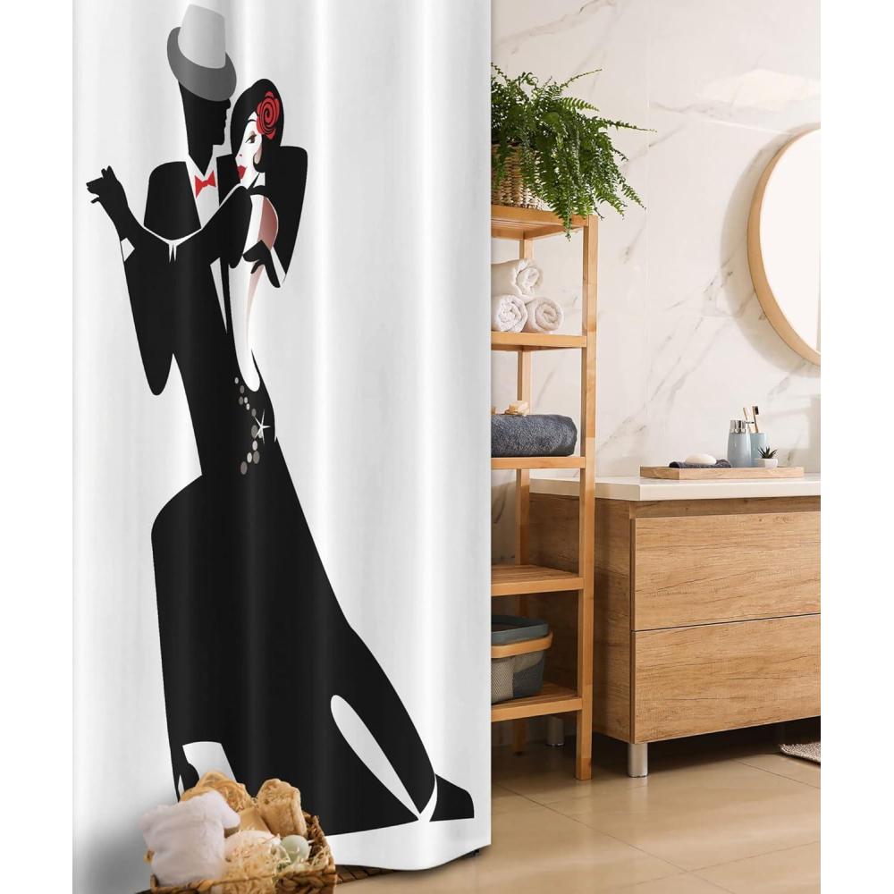 imageAmbesonne Retro Stall Shower Curtain Man and Woman Partners Romantic Dance Tango Waltz Lovers in Rhythmic Music Art Print Fabric Bathroom Decor Set with Hooks 36 W x 72 L White Black