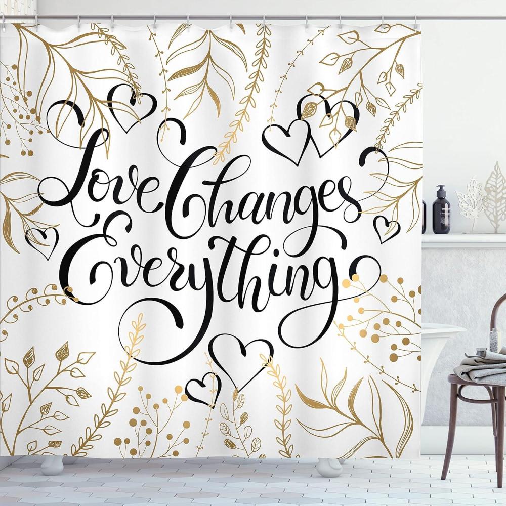 imageAmbesonne Romantic Shower Curtain Foliage Pattern Frame Style Heart Shapes and an Inspirational Words Cloth Fabric Bathroom Decor Set with Hooks 69 W x 70 L Sepia Peach Black