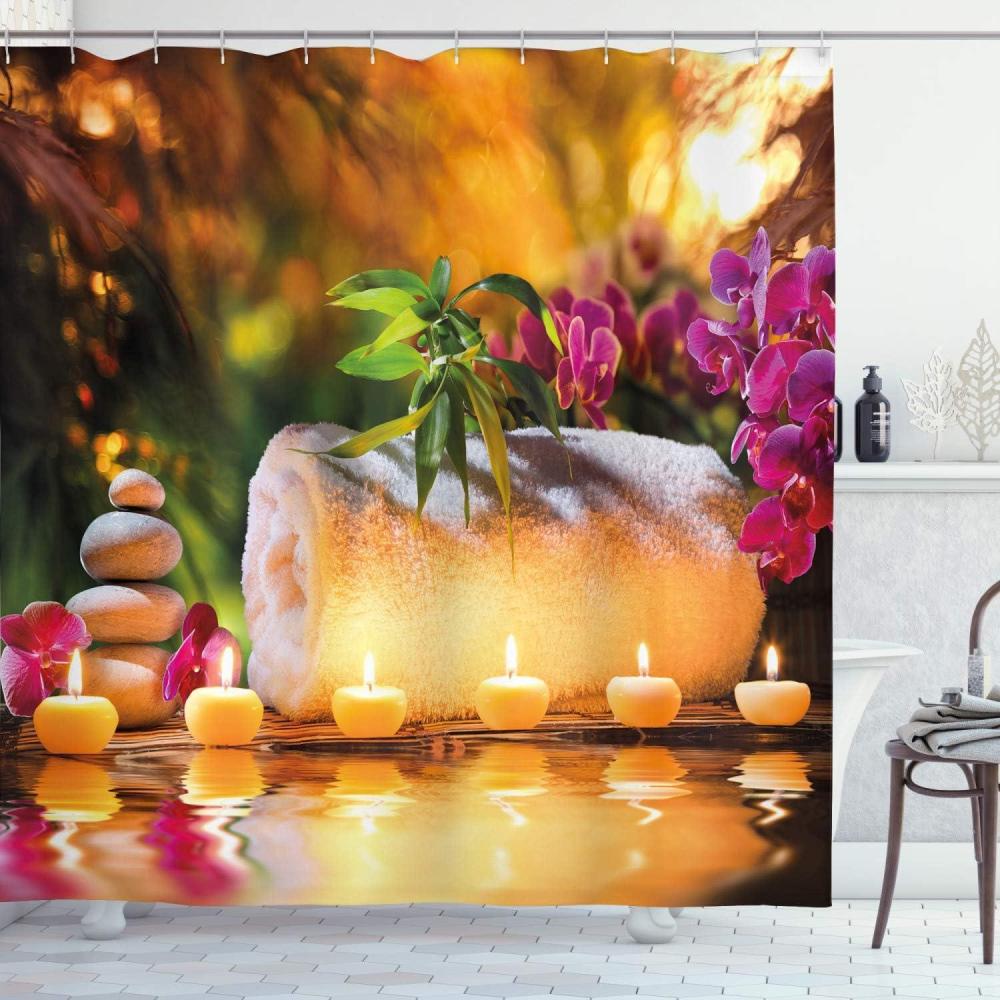 imageAmbesonne Spa Shower Curtain Classic Relaxing Day Joy in The Garden Romantic Candles and Orchids Cloth Fabric Bathroom Decor Set with Hooks 69 W x 84 L Purple White and Green