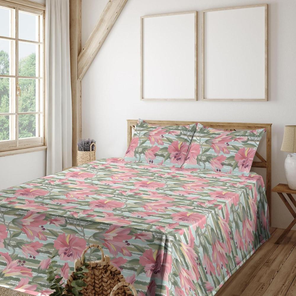 imageAmbesonne Spring Floral Sheet Set Valentines Day Concept Romantic Garden Flowers with Leaves Greenery Fitted and Flat Sheet with Pillowcases Bedding Accent 4 Piece Set Queen Seafoam Peach WhitePeacock Green Pastel Pink
