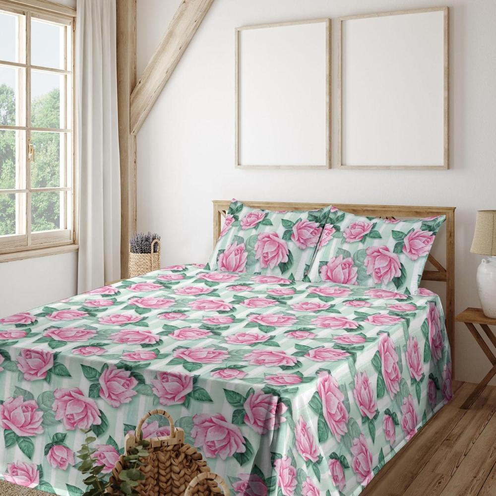 imageAmbesonne Spring Floral Sheet Set Valentines Day Concept Romantic Garden Flowers with Leaves Greenery Fitted and Flat Sheet with Pillowcases Bedding Accent 4 Piece Set Queen Seafoam Peach WhitePastel Pink Jade Green