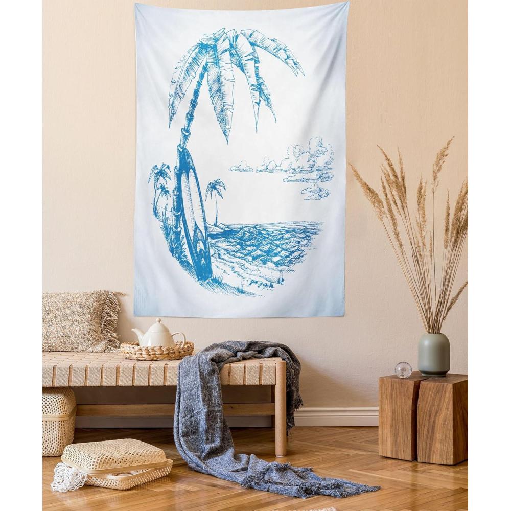 imageAmbesonne Surf Tapestry Contemporary Sketch Illustration Hawaiian Beach Surfboard Palms Ocean Water Wall Hanging for Bedroom Living Room Dorm Decor 60 X 80 Blue and White
