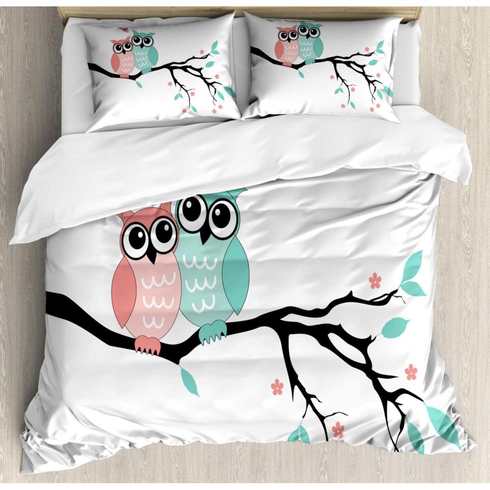 imageAmbesonne Teal and White Duvet Cover Sets Owl Couple Sitting on Tree Branch Valentines Romance Love Bedding Set with 2 Duvet Covers amp 4 Pillowcases 2 Pack Queen Size Turquoise Coral Black