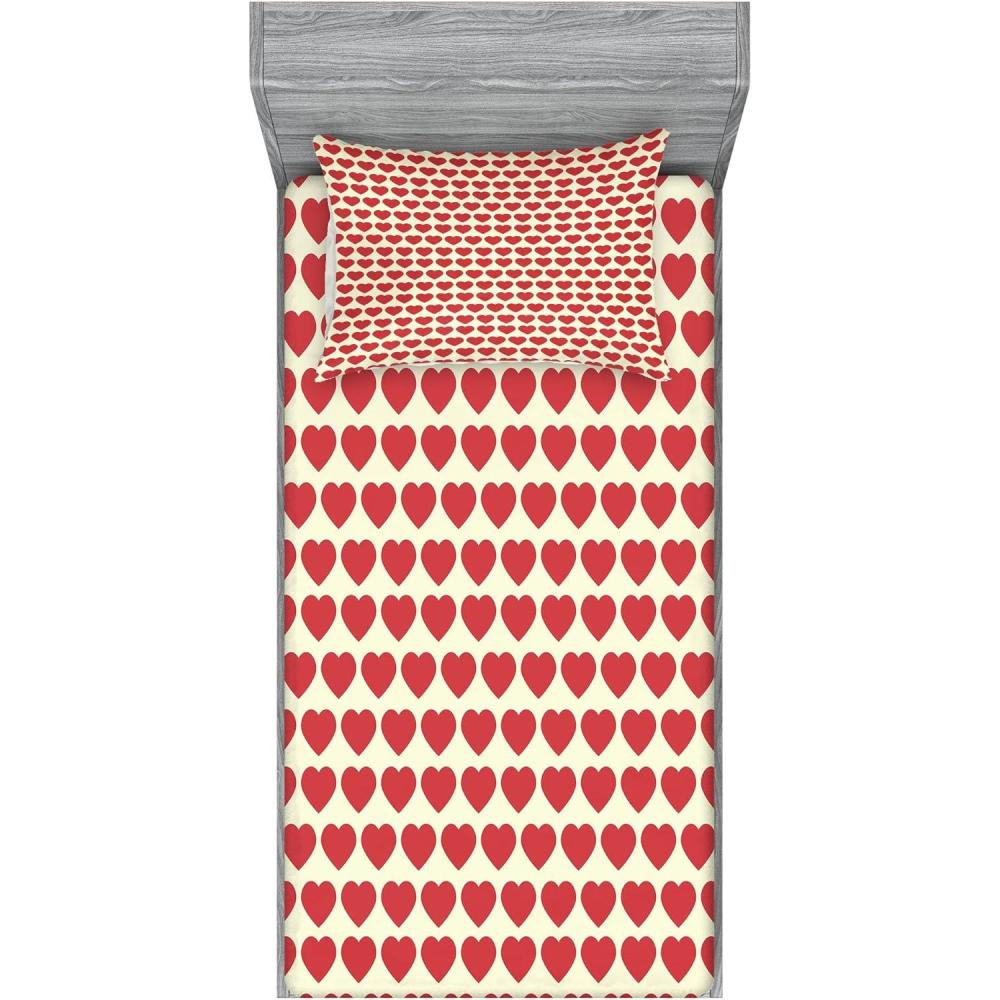imageAmbesonne Valentine Fitted Sheet amp Pillow Sham Set Vibrant Red Colored Heart Shapes Tile Pattern Romantic in Love Theme Design Decorative and Printed 2 Piece Bedding Set Twinxl Coral Ivory