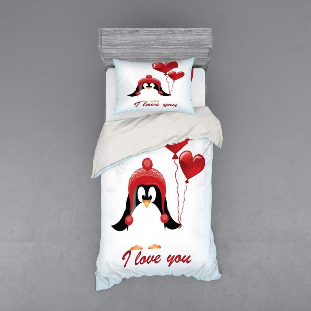 imageAmbesonne Valentines Bedding Set Happy Birthday Balloons I Love You Lettering Funny Penguin Image 3 Piece Duvet Cover Set with Sham and Fitted Sheet California King Pale Blue Black RedRed Black Baby Blue